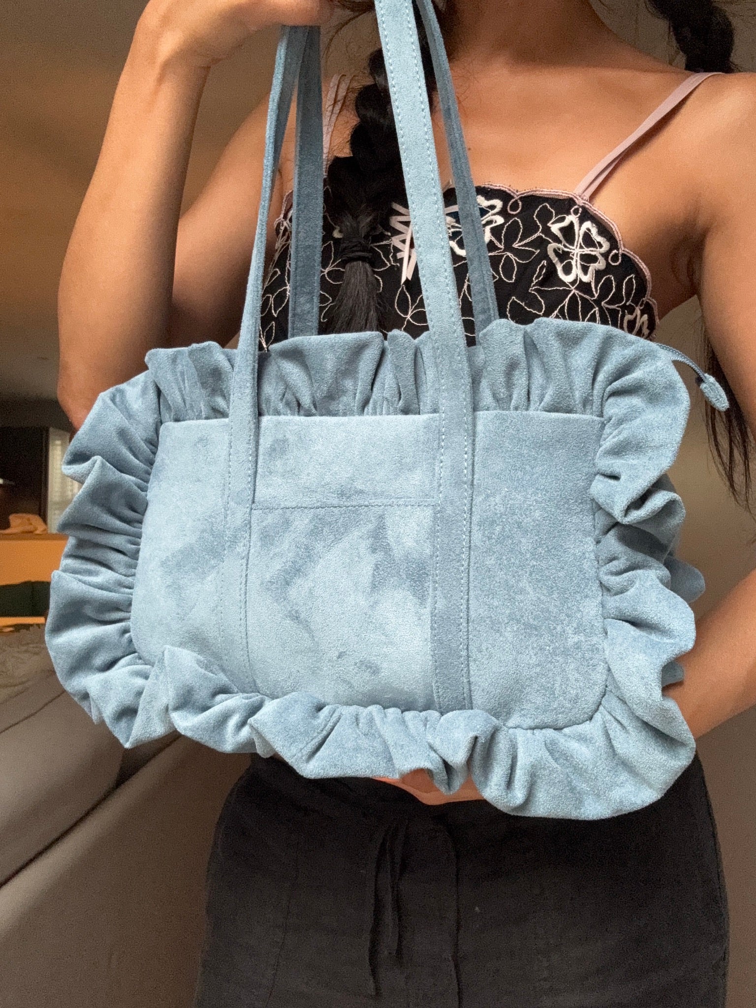 Cornflower Blue Suede Bowler Bag - Sample