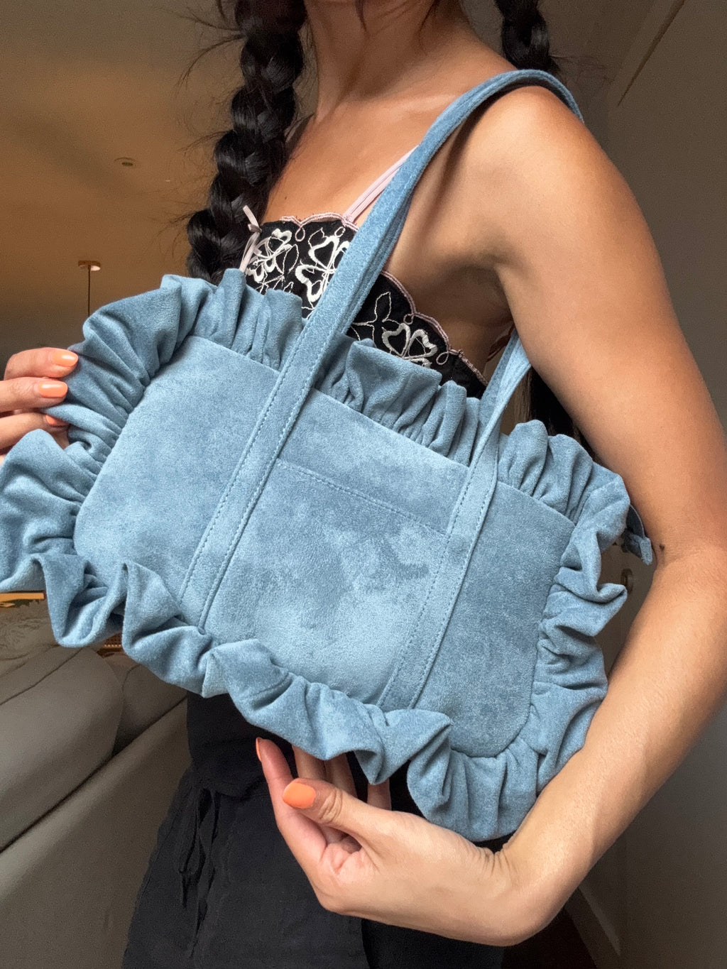 Cornflower Blue Suede Bowler Bag - Sample
