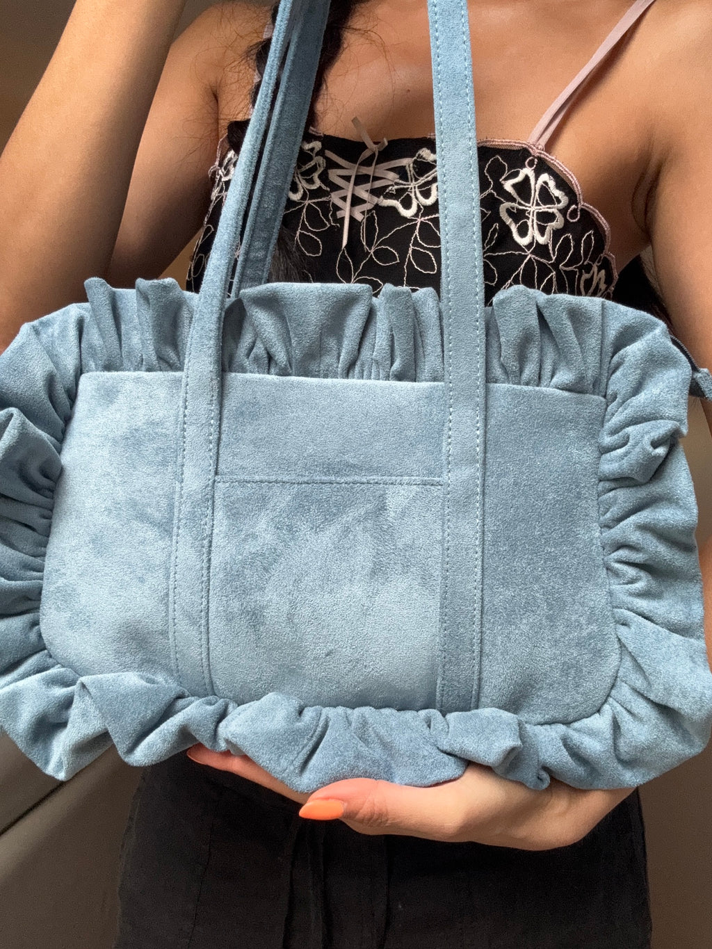 Cornflower Blue Suede Bowler Bag - Sample