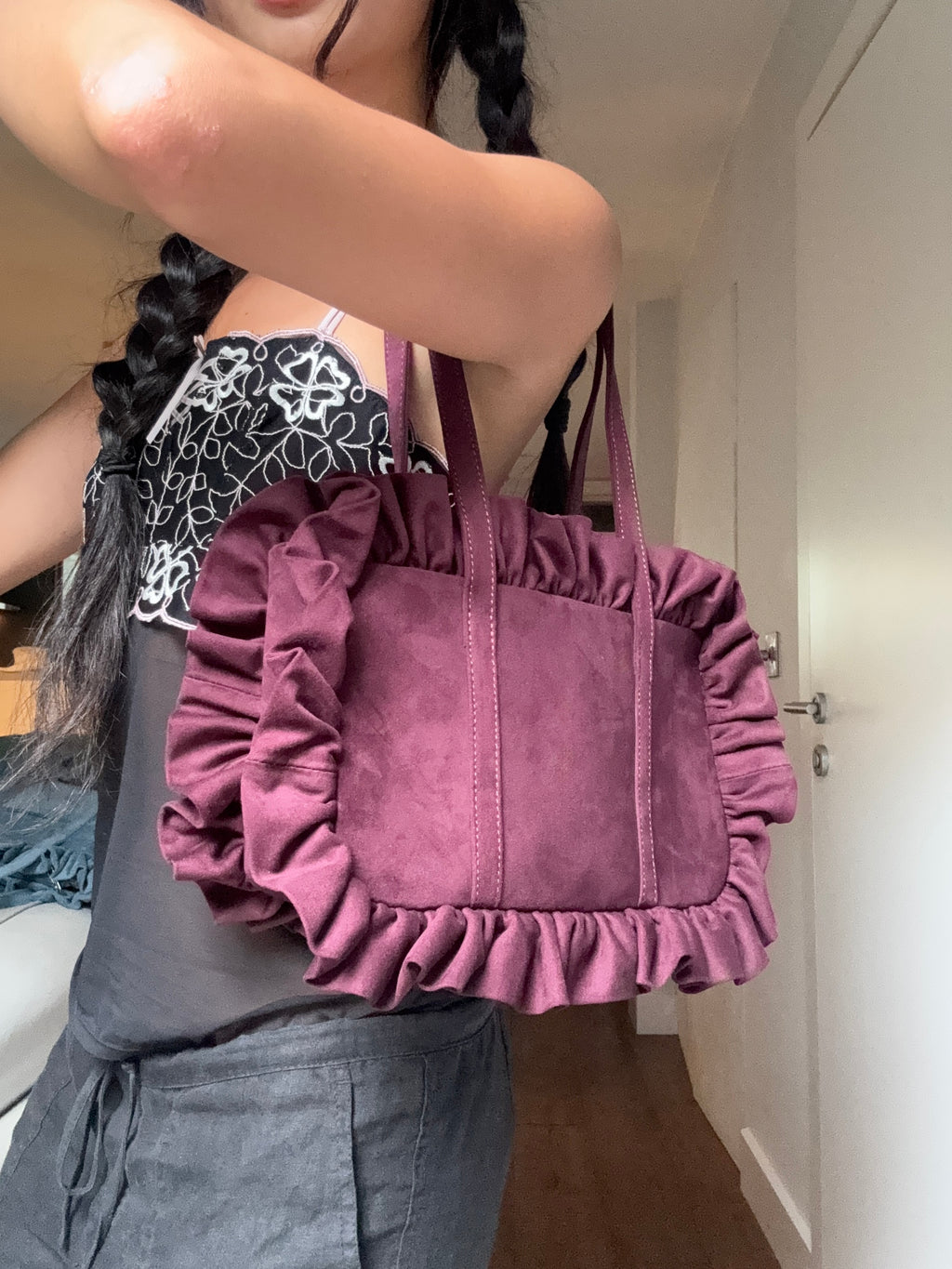 Maroon Suede Bowler Bag - Sample