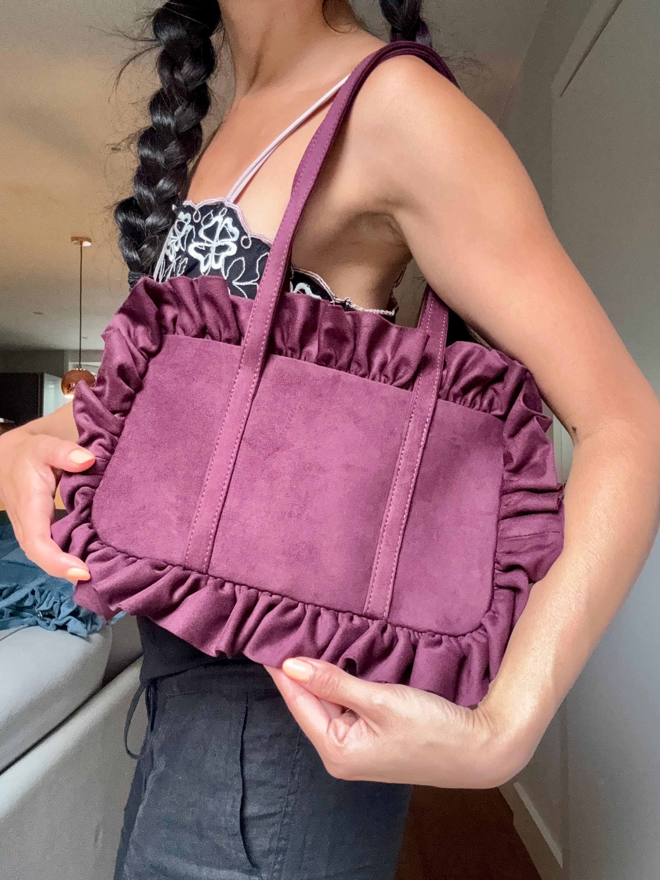Maroon Suede Bowler Bag - Sample