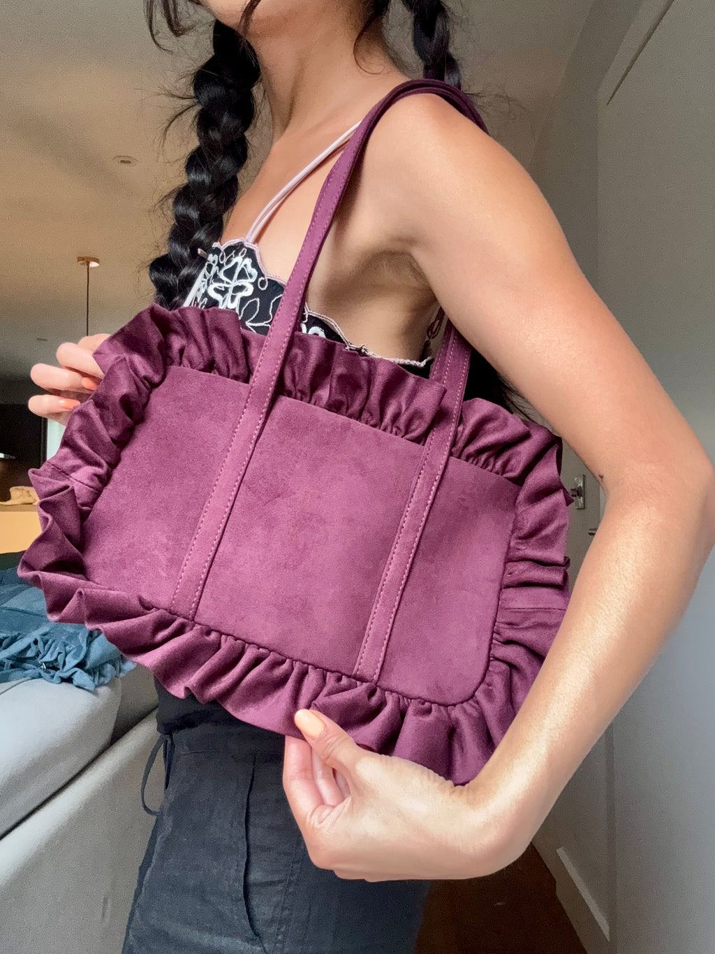 Maroon Suede Bowler Bag - Sample