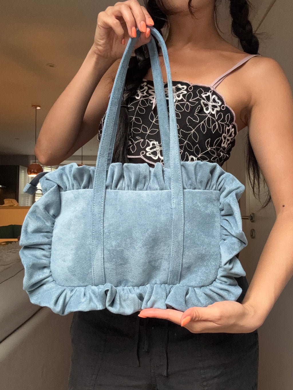 Cornflower Blue Suede Bowler Bag - Sample