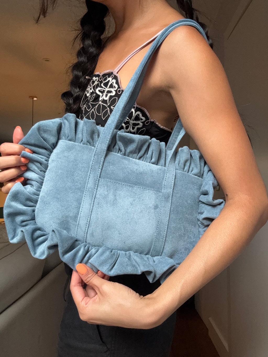 Cornflower Blue Suede Bowler Bag - Sample