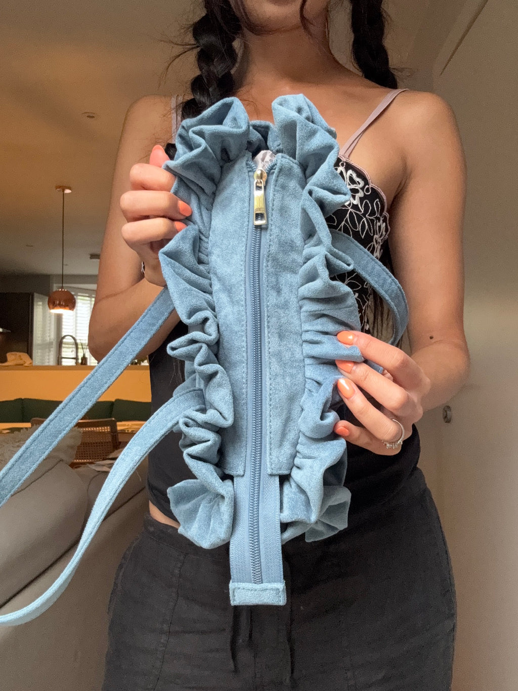 Cornflower Blue Suede Bowler Bag - Sample