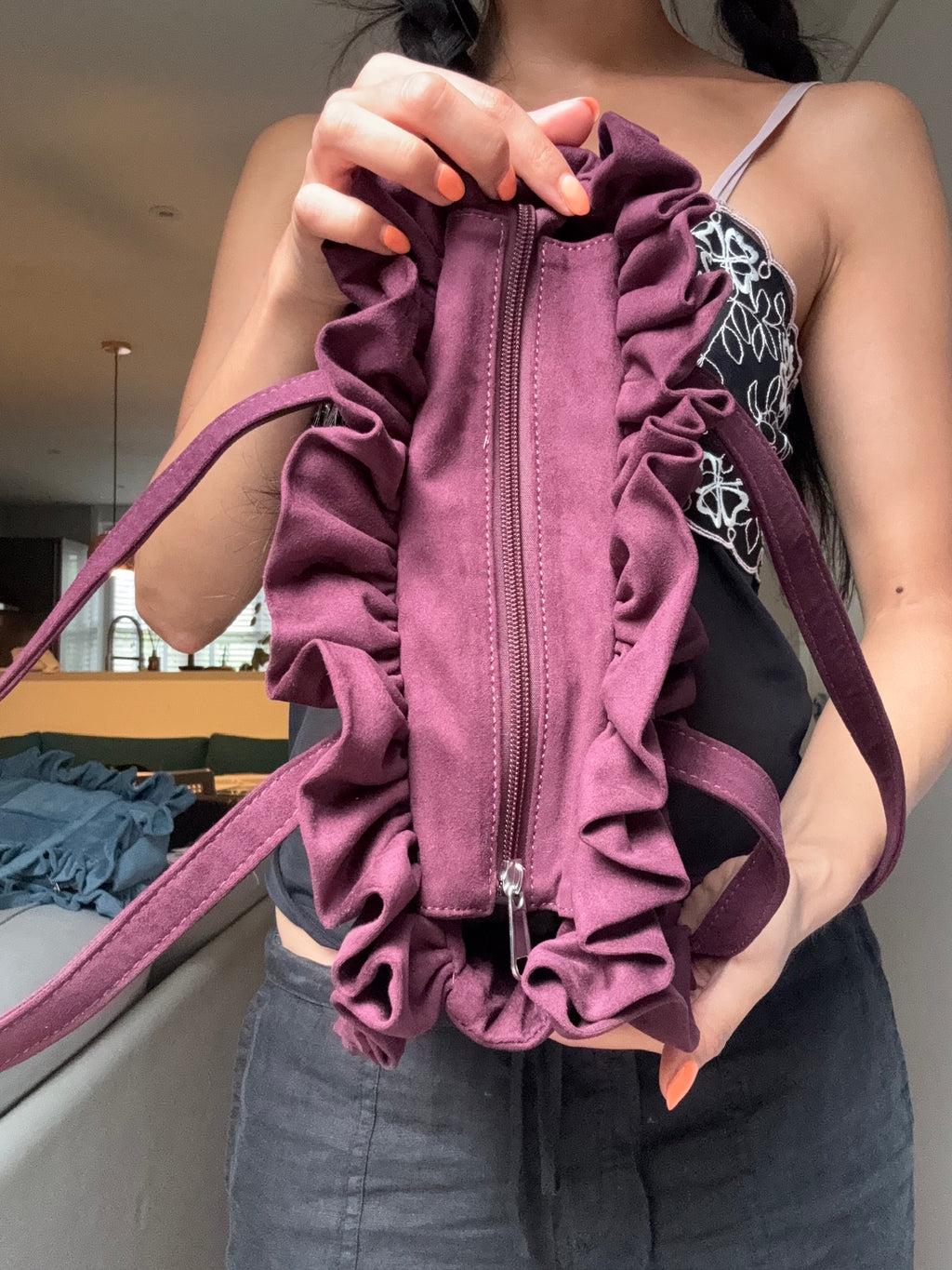 Maroon Suede Bowler Bag - Sample