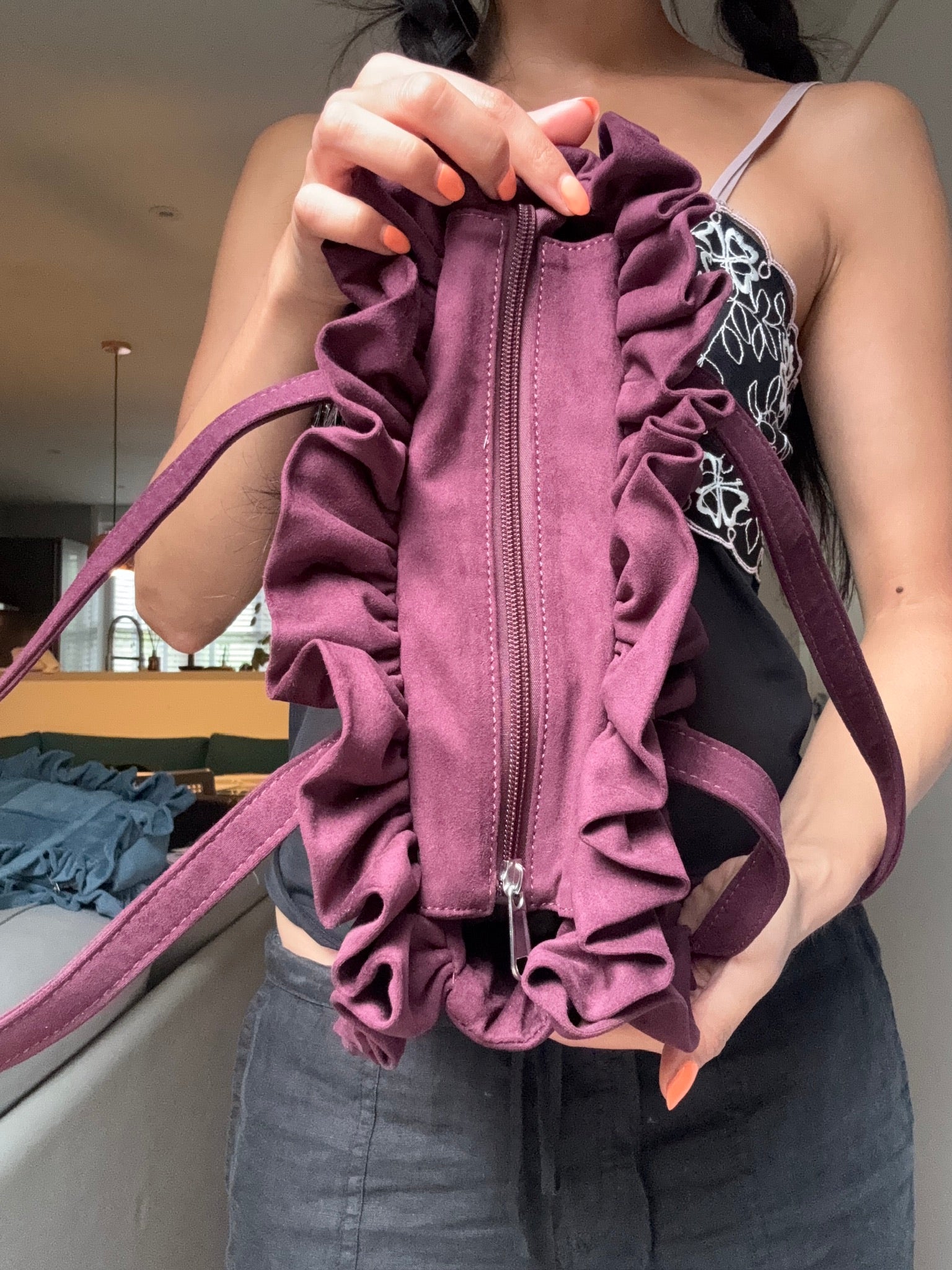Maroon Suede Bowler Bag - Sample