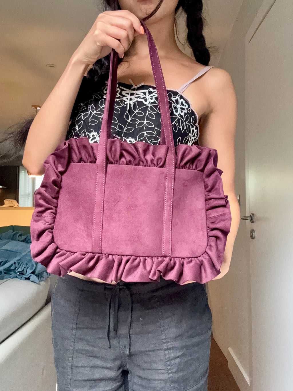 Maroon Suede Bowler Bag - Sample