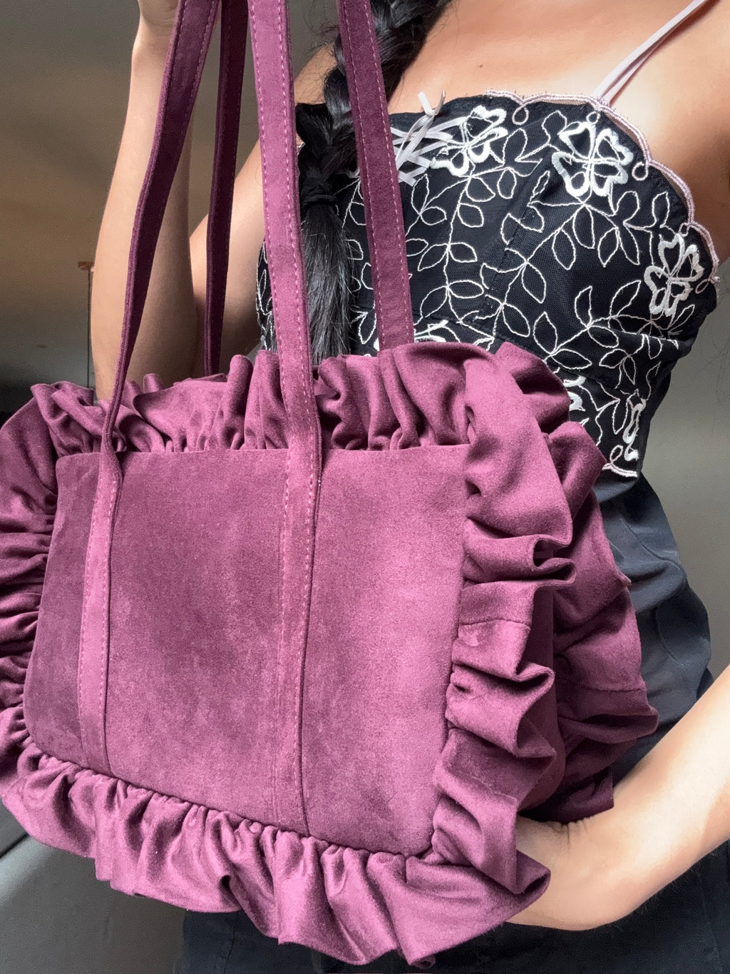 Maroon Suede Bowler Bag - Sample